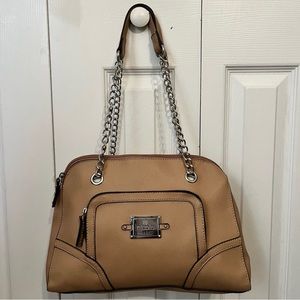 NICOLE MILLER Signature Tan Brown Silver
Chain Handbag. Vegan Leather.